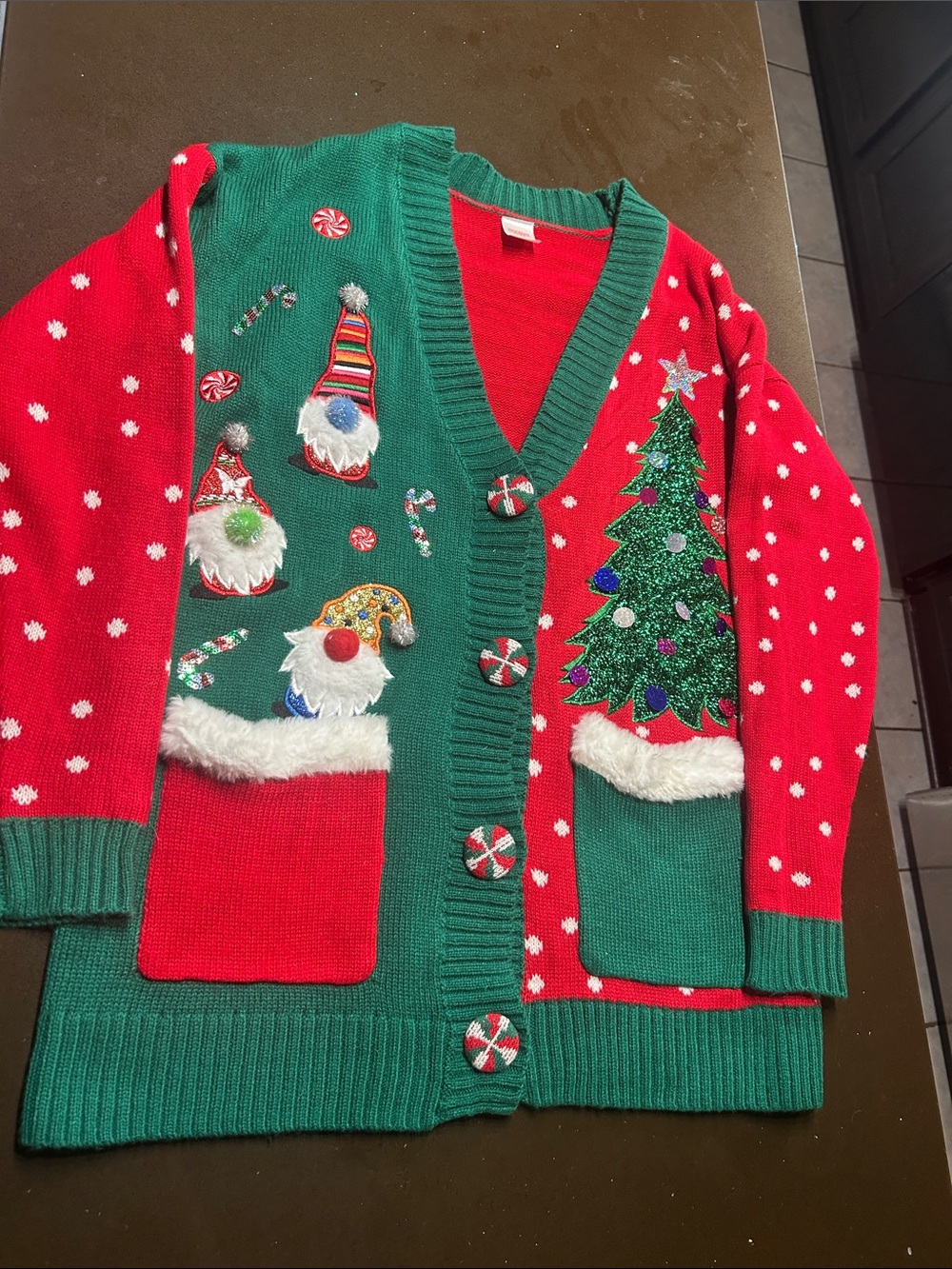 Holiday Time Red and Green Gnome & Christmas Tree Holiday Cardigan Sweater